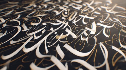 Digital calligraphy artwork with elegant white script on black background, intricate typography, artistic lettering, and beautiful brush strokes in a modern design