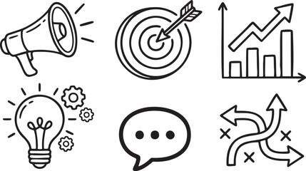 Hand drawn icons for business strategy planning and communication concepts vector