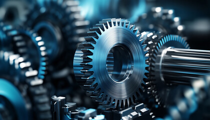 Mechanical gears interlock and rotate. Precision metal components connect. Automated factory machinery produces parts. Industrial