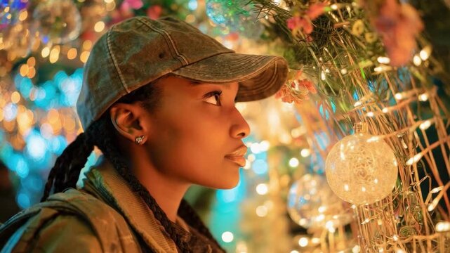 Young woman wearing a cap and camo jacket among colorful holiday lights, gazing pensively to the side.