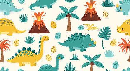 Obraz premium Detailed seamless pattern showing various dinosaur species with hatching eggs, active volcanoes, and tropical jungle plants for kids.