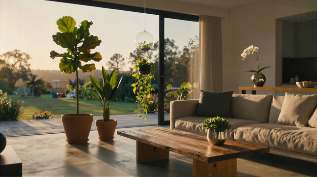 Modern living room with large glass doors opening to a garden, featuring potted plants and natural light.