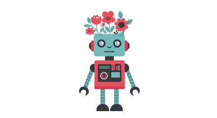 Naklejka premium Small blue robot character with a red chest and colorful flowers growing out of its head on a white background.