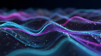 Digital energy grid with flowing waves of blue and purple neon light creating a futuristic landscape