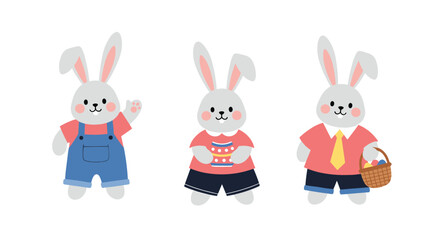 Three cute grey Easter bunnies wearing different colorful clothes and holding a basket with eggs on a white background.