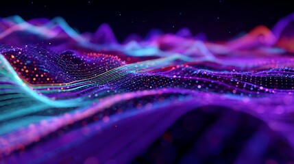 Vibrant digital energy grid with flowing particles and neon lights creating a futuristic wave pattern in purple and blue hues