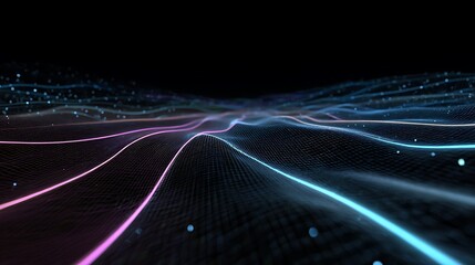 Digital energy grid with flowing neon lines and particles on dark background, futuristic technology concept illustration