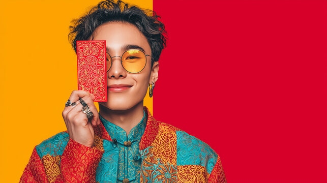 Radiant Red: A portrait of a person confidently holding a red card, their eyes framed by stylish glasses and the background bursting with vibrant colors. Lunar new year