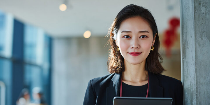 Confident Professional: Portrait of a Asian poised and composed businesswoman, radiating assurance and expertise in a modern, well-lit office setting. 