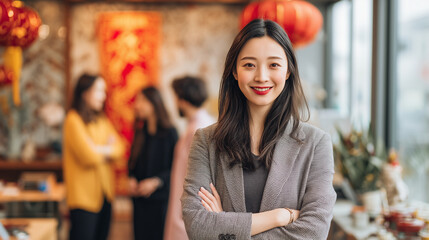 Fototapeta premium Confident professional with colleagues: A confident young Asian professional stands poised, arms crossed, exuding leadership as her colleagues converse softly in the background. Lunar new year