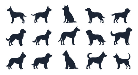 Fototapeta premium Extensive collection of various dog breed silhouettes in side view and sitting positions isolated on a clean white background.