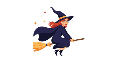 Obraz premium Cheerful young witch with red hair and glasses flying on a magic wooden broomstick wearing a purple hat and cloak with stars.