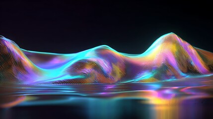 Vibrant digital holographic wave pattern on dark background with iridescent colors and reflective surface
