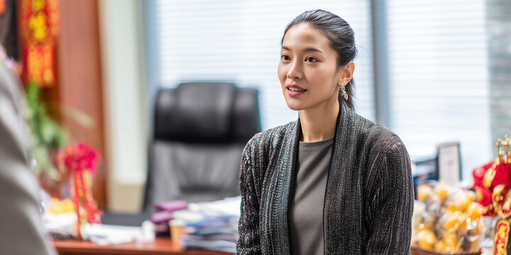 A asian female professional dialogue within a modern office setting. She exudes confidence and poise, demonstrating active listening skills.
