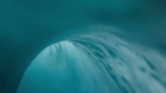 A turquoise ocean wave curling into a hollow barrel, seen from inside the wave.