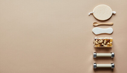 Healthy lifestyle elements arranged vertically on a neutral background from a top-down viewpoint
