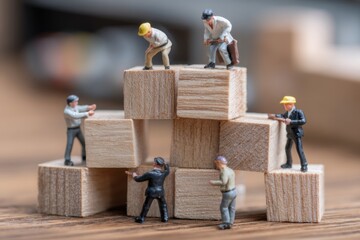 Project management team collaborates on a task delegation using building blocks to represent teamwork and structure in a creative workspace