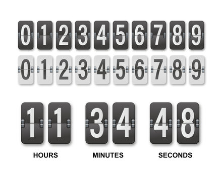 Clock countdown display. Set numbers flip watch. Black and white date counter flip display isolated on white background