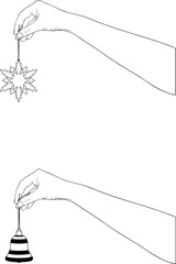 Outline hands illustration holding Christmas bell and snowflake decorations isolated on white background