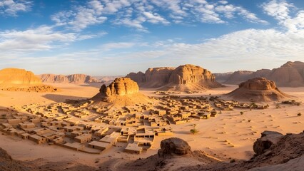 Naklejka premium Serene desert landscape near a historic Saudi village, featuring sandy terrain, rocky formations, and warm natural tones. A timeless scene reflecting authentic Arabian heritage with no modern elements