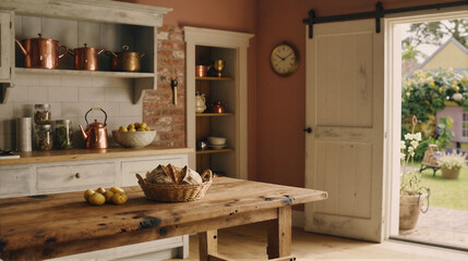 A rustic kitchen interior with wooden table, copper pots, and a view of a garden through an open door.