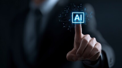 A person in a formal suit touches a glowing AI icon, signifying artificial intelligence and digital innovation. Dark background