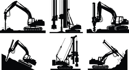 Heavy machinery drilling excavator silhouette set with rotary drill rig for foundation work, construction site engineering, and industrial ground boring vector illustration, © Shafik Creatives