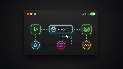 Fototapeta premium AI agent workflow diagram with neon icons and cursor