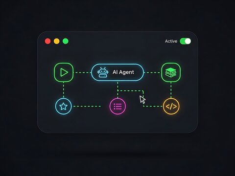 A I agent workflow diagram with neon icons and connections