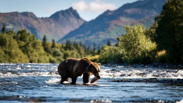 Ultra HD Grizzly bear catching and carrying salmon in a rushing river with mountains and forest in the background, alaska wildlife scene video