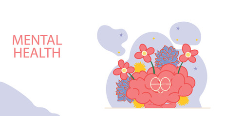 Mental health wellbeing concept illustration. Human brain with flowers symbolizing growth, healing and emotional balance. Flat modern design for psychology, therapy and wellness awareness projects.