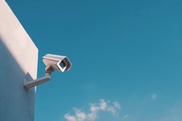 Security camera mounted on a building under a clear blue sky captures the surrounding area in broad daylight during the afternoon