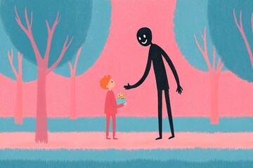 Flat Illustration of Suspicious Man Offering Candy to Curious Child in Pastel Park Setting