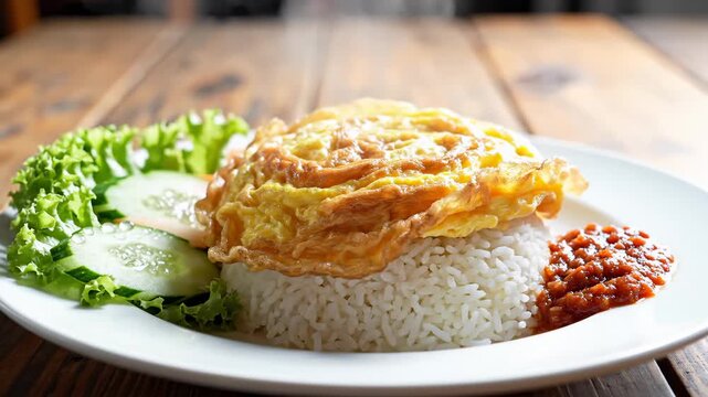 Nasi Lemak With Egg Served on Wooden Table
