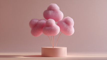 Minimal surreal botanicals: five cotton-candy pink tufts on slender stems grow from a clean base, against a soft pastel backdrop. Ideal for happiness, kindness, and mental health visuals