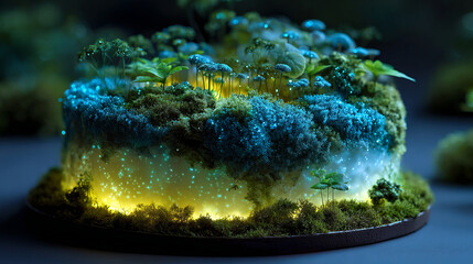 Fantasy cake shaped like glowing forest, edible moss and sugar trees illuminated in blue and amber light