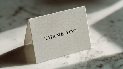 White card with elegant &ldquo;Thank you&rdquo; script, soft shadows and marble surface, ideal for holidays, gratitude rituals, and branding