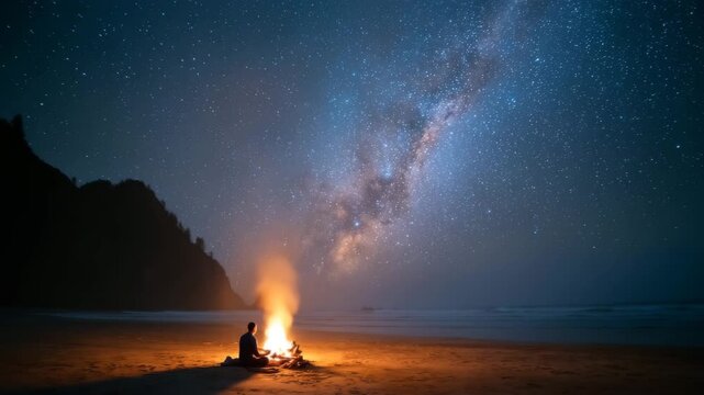 Ultra HD Man sitting by a campfire on the beach at night under the milky way galaxy and a starry sky video