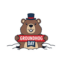A cartoon groundhog wearing a top hat holds a Groundhog Day sign emerging from snow.
