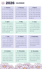 2026年の年間カレンダー　日曜日始まり