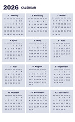 2026年の年間カレンダー　日曜日始まり