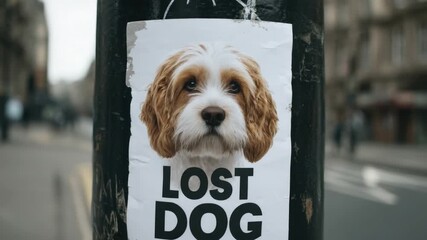 Lost Dog Flyer on Urban Pole Featuring a Cute Cavalier King Charles Spaniel Puppy with Sad Expression in a City Setting 4k video footage