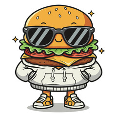 Cool Burger Character Wearing Sunglasses and Hoodie Vector Art