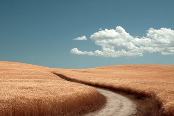 Fototapeta premium Golden wheat field stretches under a clear sky with soft clouds and a gentle breeze flowing through the rippling grains at midday