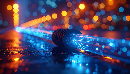Digital Highway: Illuminated fiber optic cables represent the flow of data, a symbol of modern communication technology