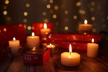 cozy and warm candlelit scene with soft ambient glow, festive wrapped gifts, and a background of bokeh lights creating a peaceful and festive atmosphere on wooden surface, tranquility, dim, romantic