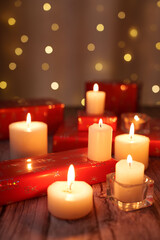 cozy holiday scene with warm candlelight surrounded by wrapped gifts and soft bokeh lights creating an inviting and festive atmosphere on a rustic wooden table, ornament, serenity, scene, night