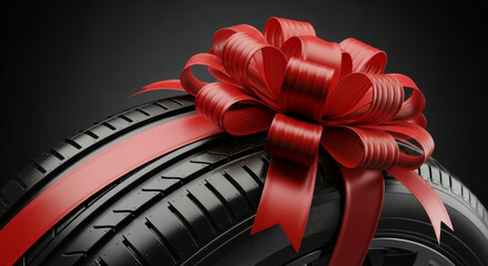 Car tire with red ribbon bow gift concept for automotive sale or christmas surprise present