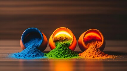 Vibrant holi colors in bowls on a wooden surface