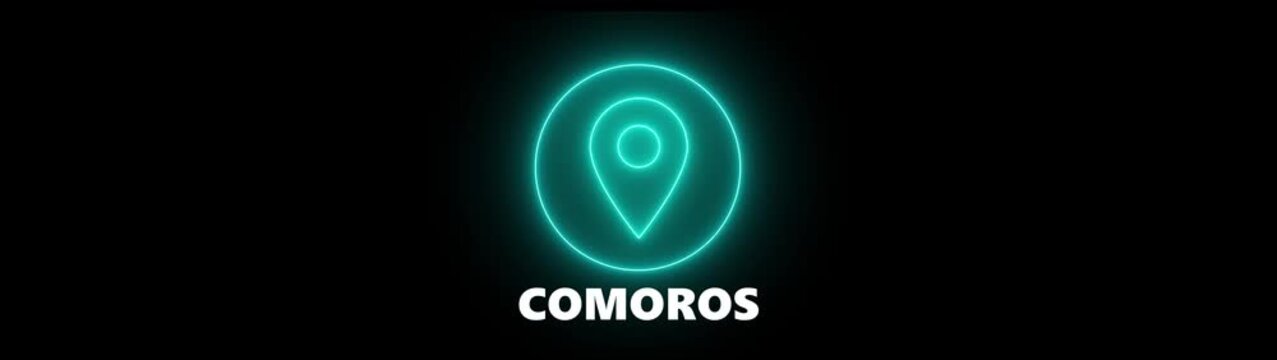 Neon Cyan Location Pin Icon with Text COMOROS on Black Background map marker navigation